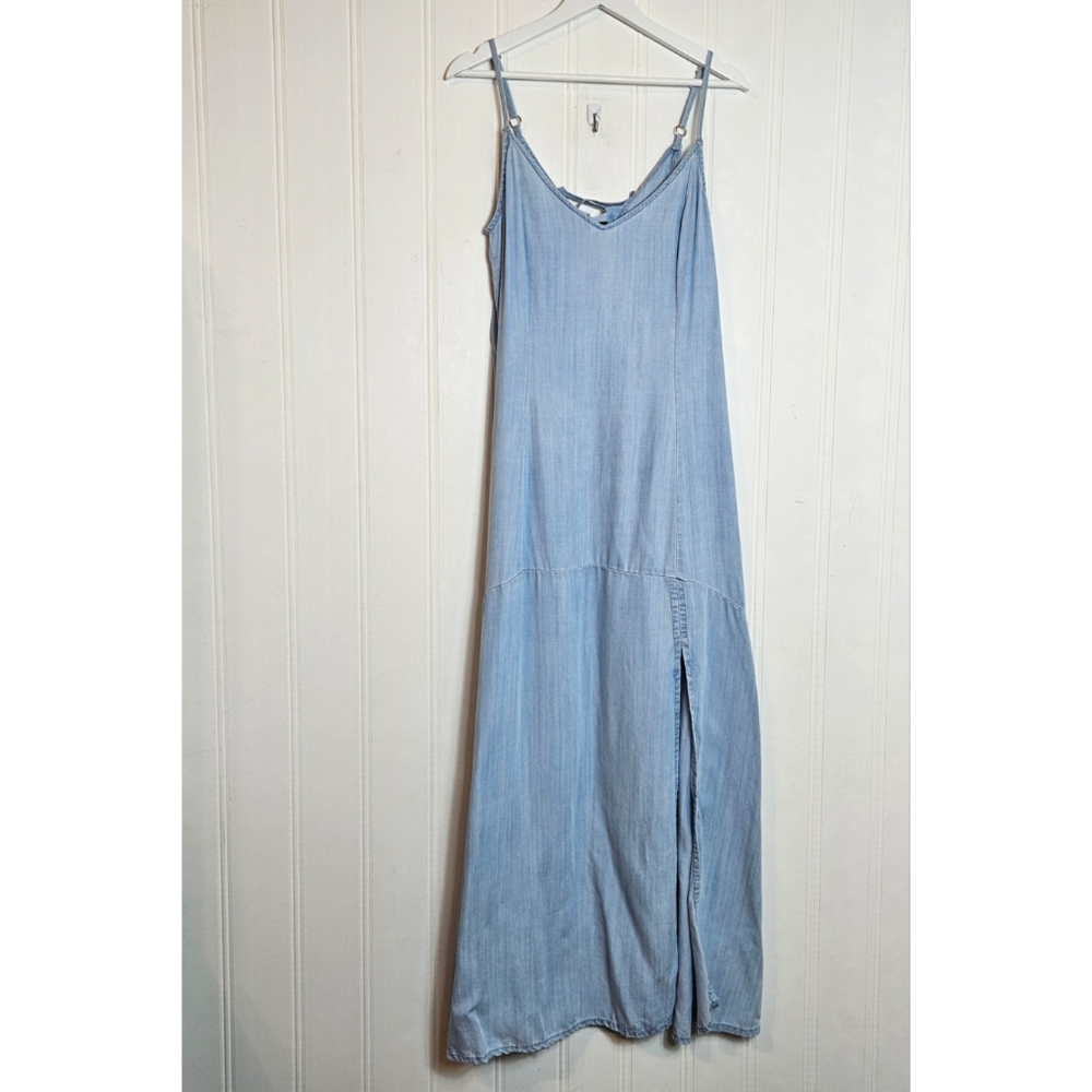WHBM Blue Chambray Lace-Up Back Maxi Dress Women’s Size 14 Elegant - Picture 2 of 15